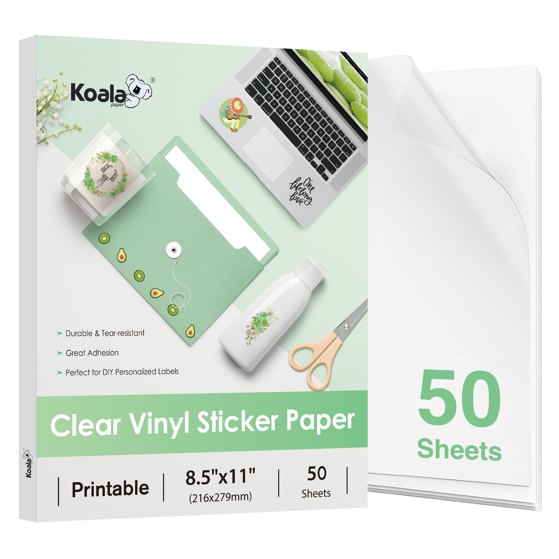 Koala Clear Sticker Paper for Inkjet Printer - Waterproof Clear Printable Vinyl Sticker Paper 8.5x11 inch 50 Sheets Transparent Glossy Sticker Paper